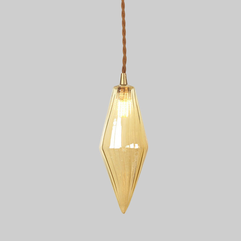 Contemporary Amber/Clear Glass Diamond Pendant Light Fixture - 1-Light 3/4 Wide Dining Room Hanging