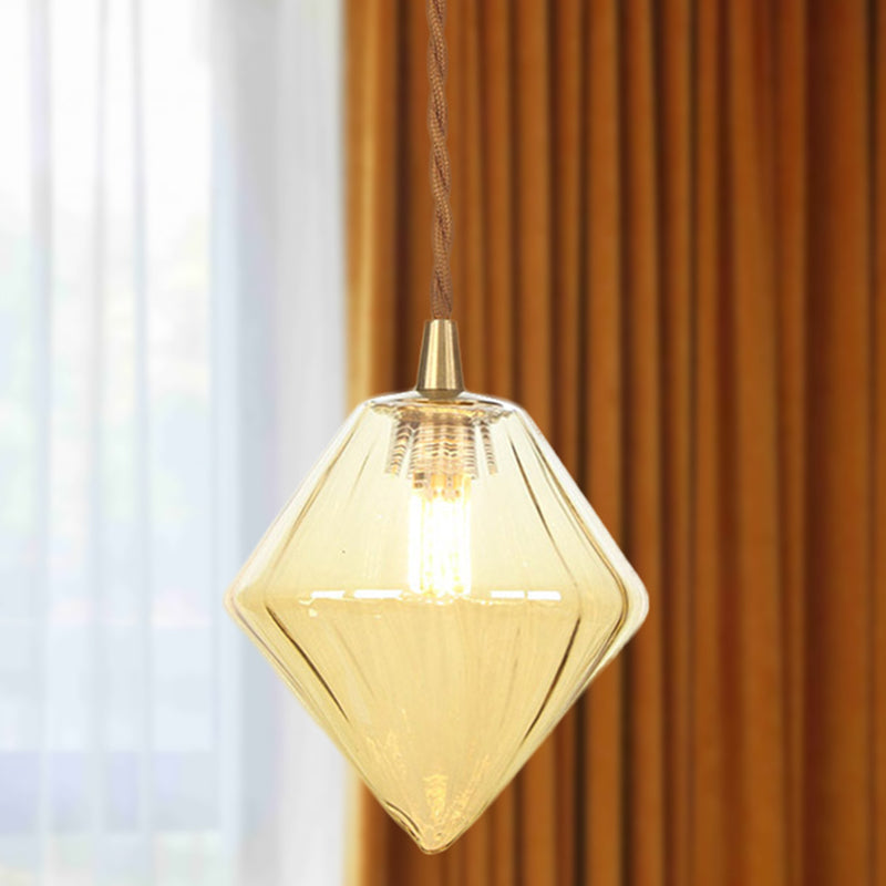 Contemporary Amber/Clear Glass Diamond Pendant Light Fixture - 1-Light 3/4 Wide Dining Room Hanging