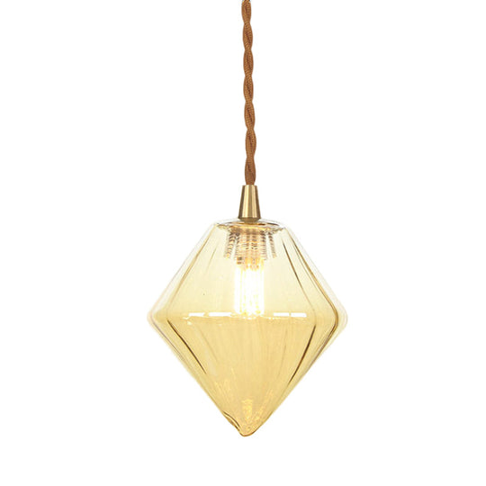 Contemporary Amber/Clear Glass Diamond Pendant Light Fixture - 1-Light 3/4 Wide Dining Room Hanging