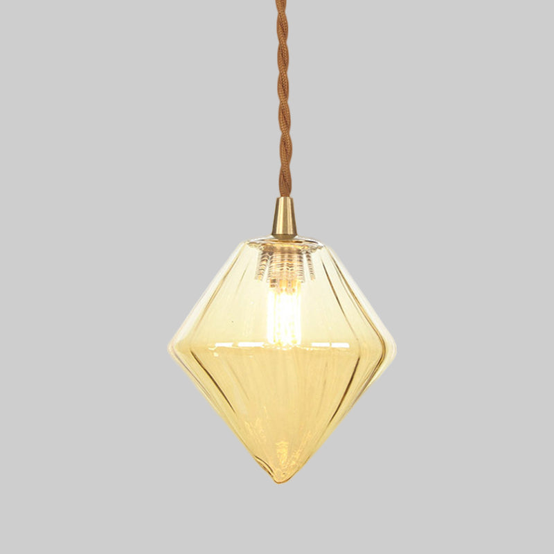 Contemporary Amber/Clear Glass Diamond Pendant Light Fixture - 1-Light 3/4 Wide Dining Room Hanging