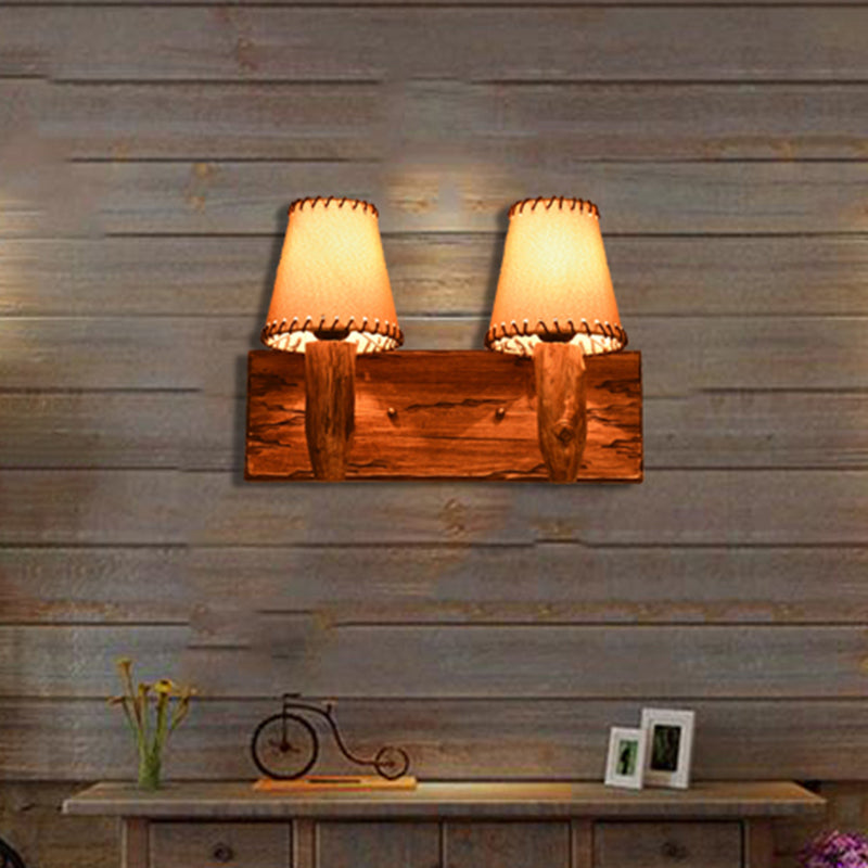 Industrial Wood Sconce Light Fixture For Dining Room - 1/2-Light Tapered Wall Lamp With Fabric Shade