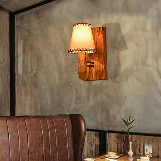 Industrial Wood Sconce Light Fixture For Dining Room - 1/2-Light Tapered Wall Lamp With Fabric Shade