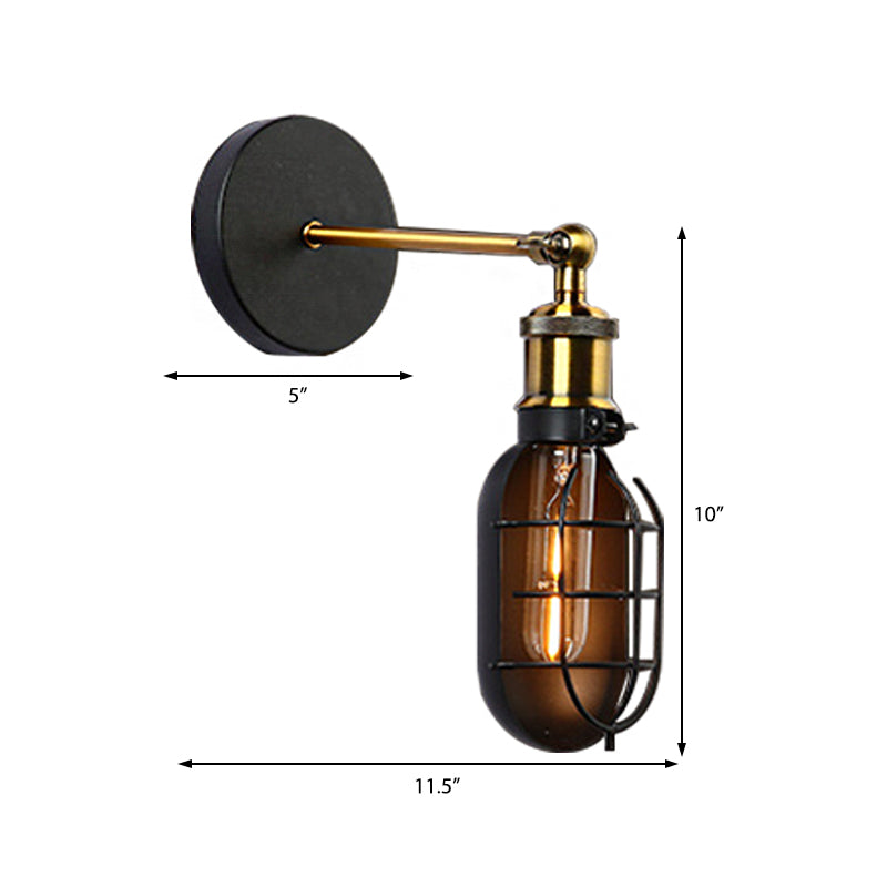 Industrial Black Metal & Glass Wall Sconce With Caged Bulb - Ideal For Dining Rooms
