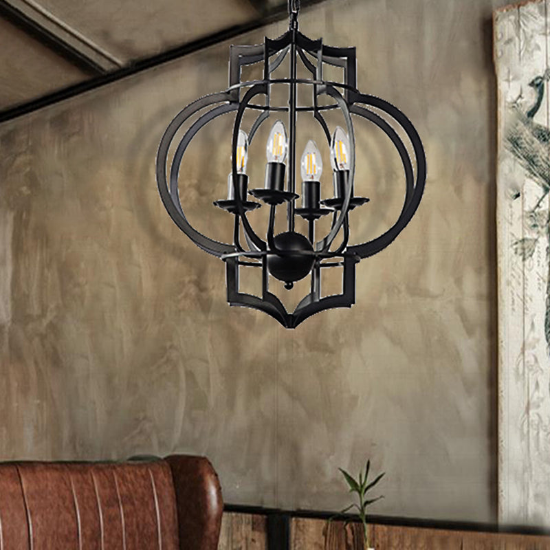 Industrial Dining Room Chandelier Pendant Light - 4-Bulb Candle Metal Shade Ceiling Lamp In Black