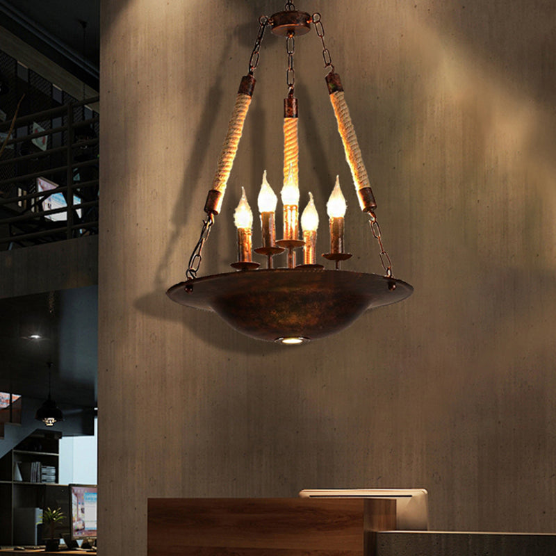 Hanging Chandelier Industrial Rust Candle Pendant Light Fixture with 5 Lights & Rope Chain