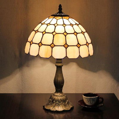 Tiffany Desk Lamp With Bead Glass Single Light - 12/8 Wide Lattice Bowl Design White For Office Or