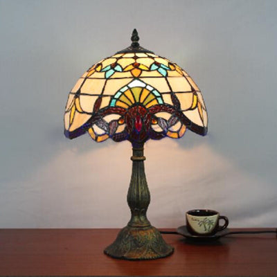 Victorian Tiffany Dome Shade Desk Light - Stained Glass Reading Lamp In Gold/Brown For Bedroom Brown