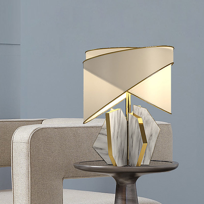 Modernist Fabric Shaded Table Lamp With Geometric Marble Base - Gold Desk Light