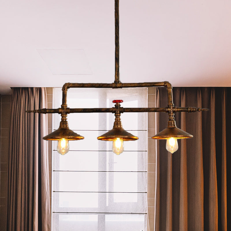 Industrial Rust Iron Hanging Ceiling Lamp With Water Pipe Design & 3 Bell-Shaped Lights