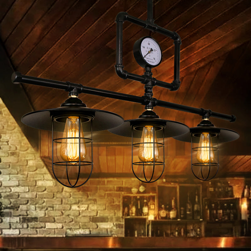 Antiqued Black Metal Pendant Lamp With Watermeter Deco - 3-Head Ceiling Lighting For Bar And Island