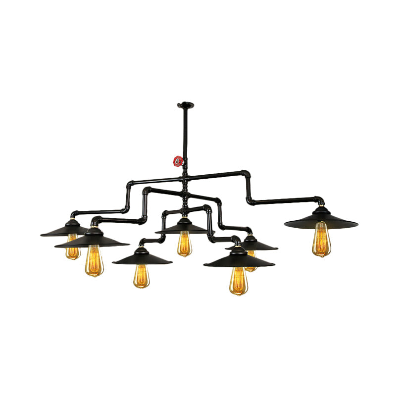Vintage Black Island Pendant Lamp With 7 Bulbs: Metallic 3-Layer Water Pipe Design For Living Room