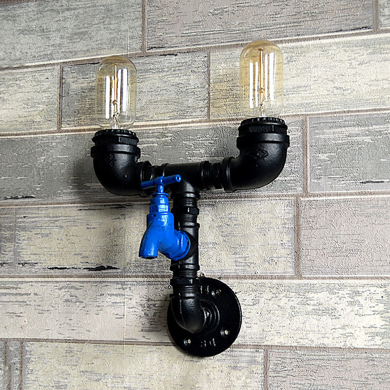 Black Iron Wall Mount Industrial Light With Water Tap Deco - 2 Lights Perfect For Corridors