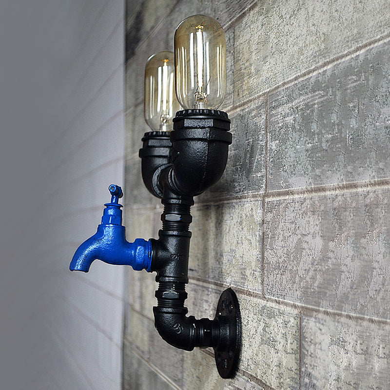 Black Iron Wall Mount Industrial Light With Water Tap Deco - 2 Lights Perfect For Corridors