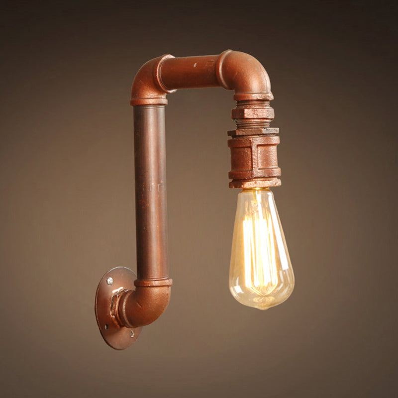 Antiqued Metal Coffee Bare Bulb Wall Sconce With Right Angle Pipe Arm