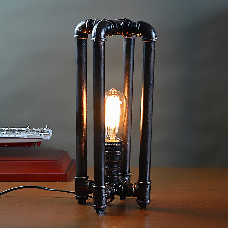 Rustic Iron Table Lamp With Rectangle Cage Design - Black Finish Plug In 1 Light Ideal For