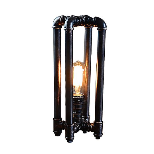 Rustic Iron Table Lamp With Rectangle Cage Design - Black Finish Plug In 1 Light Ideal For
