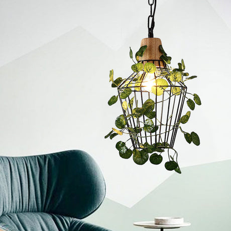 Vintage Black Metal Pendant Lamp With Led Bulb Cage For Restaurants And Plants