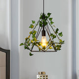 Black Diamond Metal Ceiling Light With Led Down Lighting And Plant - Restaurant Style Pendant