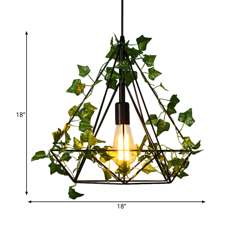 Black Diamond Metal Ceiling Light With Led Down Lighting And Plant - Restaurant Style Pendant