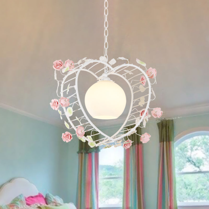 Heart-Shaped Metal Pendant Light For Pastoral Dining Room - White Led Suspension Fixture