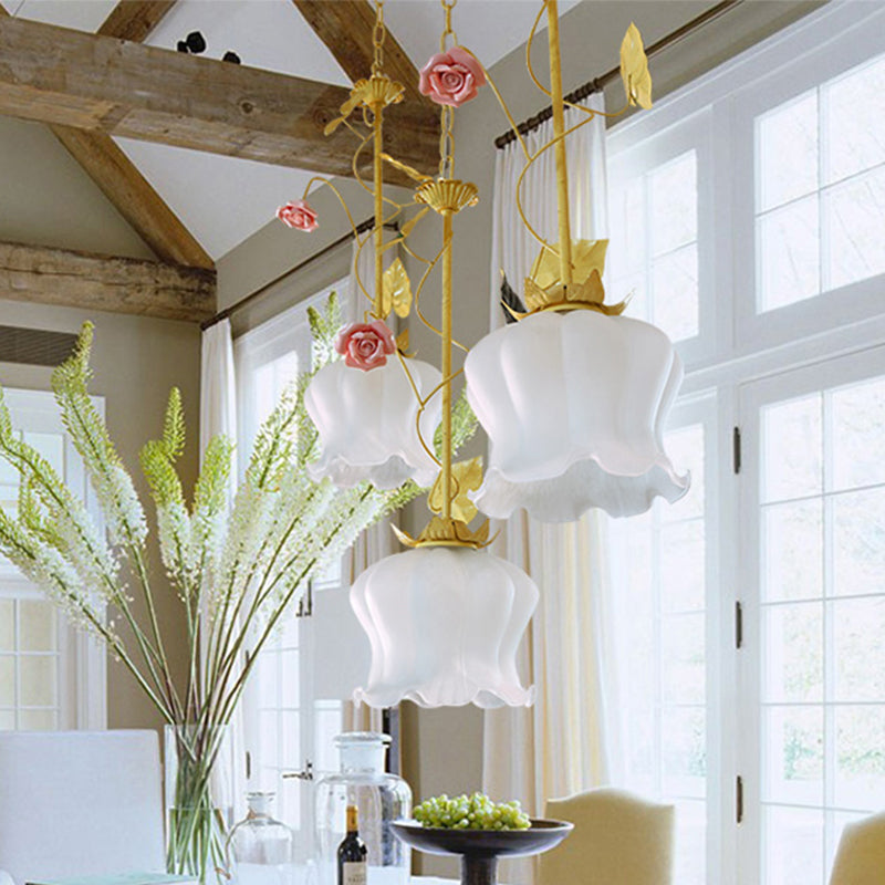 Blossom Countryside Metal Pendant Light - Green Led 3 Heads Round/Linear Canopy Dining Room Cluster