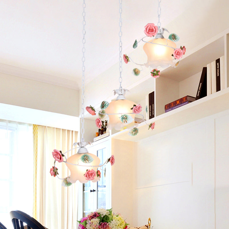 White Metal Flower Pendant Light With Scalloped Cluster Design For Dining Room - 3 Lights