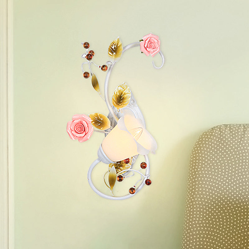 Curved Arm Sconce Light With Metal Rose Design White - Left/Right For Living Room