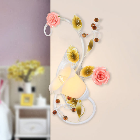 Curved Arm Sconce Light With Metal Rose Design White - Left/Right For Living Room / Left