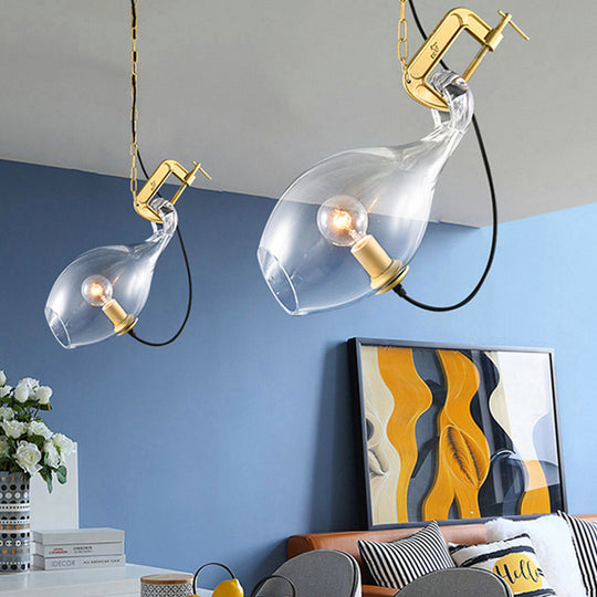 Sleek Clear-Glass Suspension Lamp: Modern 1-Bulb Gold Hanging Light Kit for Bedroom