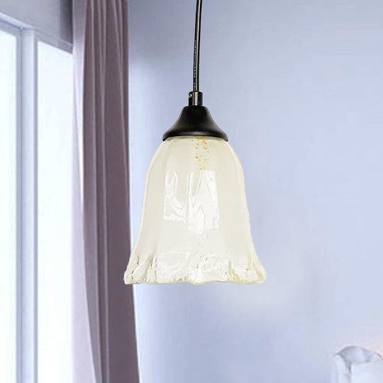Modern Black Pendant Lamp With Flower White Glass Shade - Stylish Hanging Light For Living Room