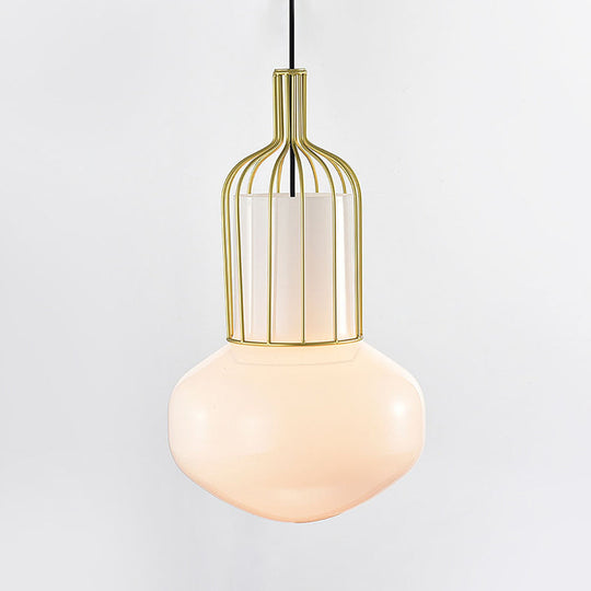Modernist Gold Schoolhouse Pendant Light with Cage and White Glass Bulb