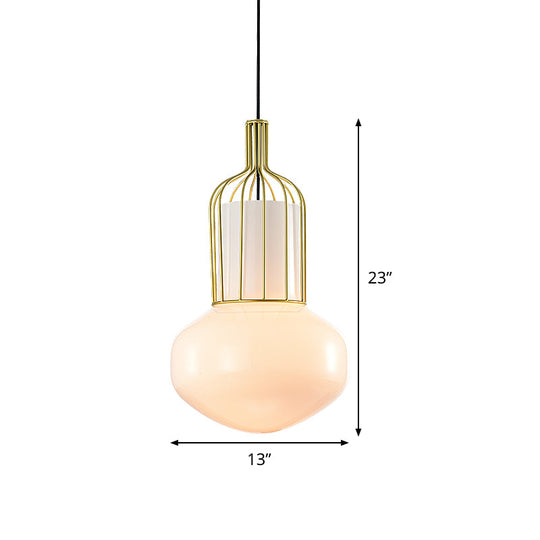 Modernist Gold Schoolhouse Pendant Light with Cage and White Glass Bulb