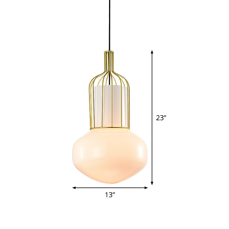 Modern Gold Schoolhouse Pendant Light Fixture With White Glass Cage - 1 Bulb Ceiling Lamp
