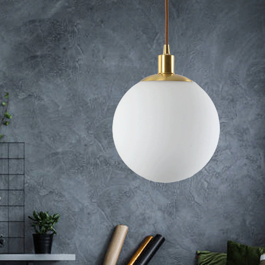 Frosted White Glass Pendant Lighting - 1-Light Brass Suspension Ceiling Lamp, 6"/8"/10" Wide