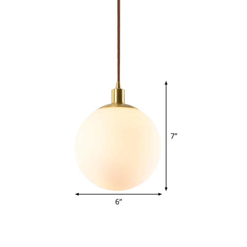 Frosted White Glass Pendant Lighting - 1-Light Brass Suspension Ceiling Lamp, 6"/8"/10" Wide
