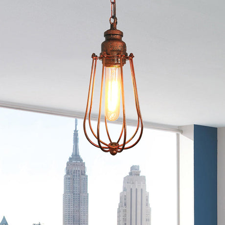 Vintage Black/Rust Pendant Ceiling Lamp With Caged Metal Shade - 1 Light Bedroom Fixture