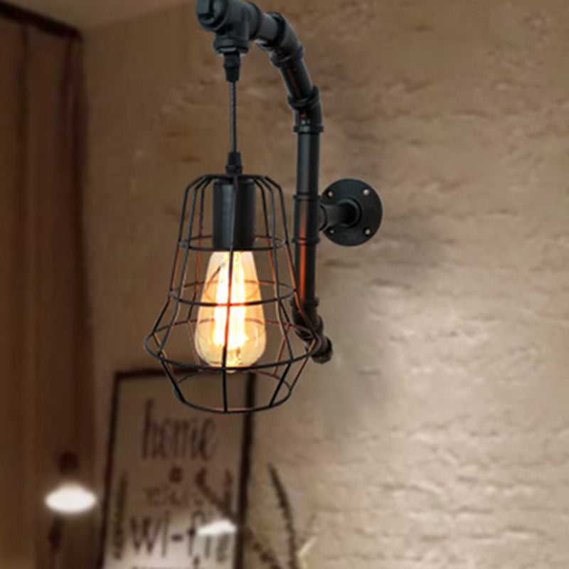 Industrial Black Metal Cage Sconce Light - 1-Light Wall Fixture For Bedroom