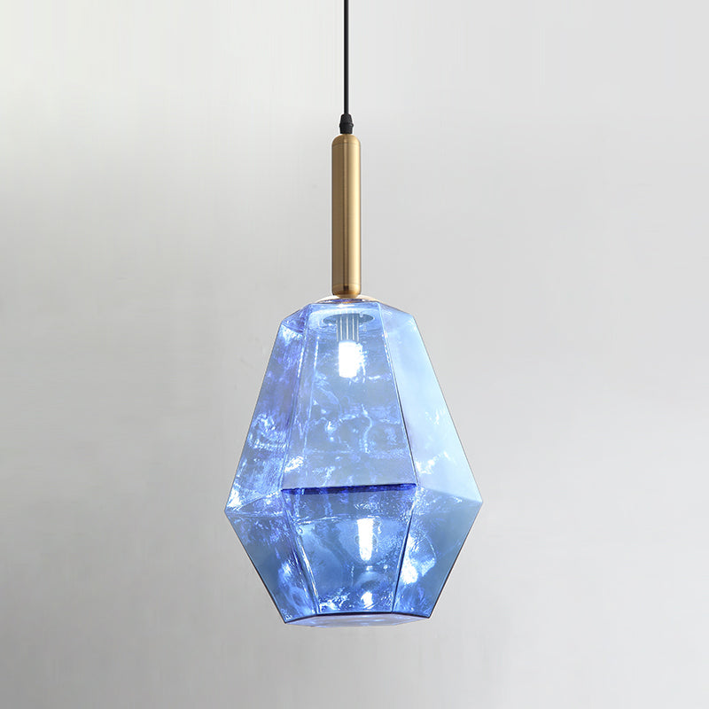 Contemporary Diamond Blue Glass Led Pendant Light Fixture With Hanging Kit