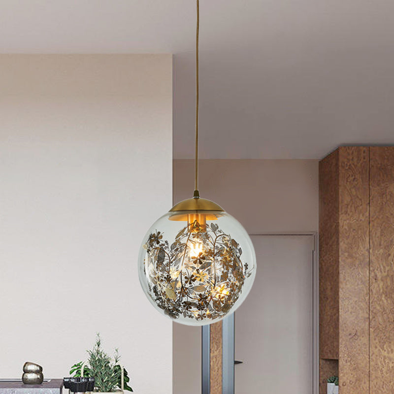Modern Clear Glass Yellow Ball Pendant Lamp With Shattered Leaves Decoration - 1-Head Ceiling Light