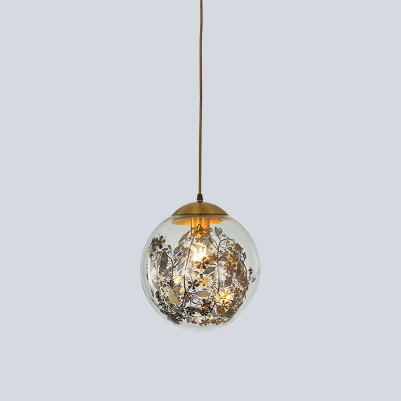 Modern Clear Glass Yellow Ball Pendant Lamp With Shattered Leaves Decoration - 1-Head Ceiling Light