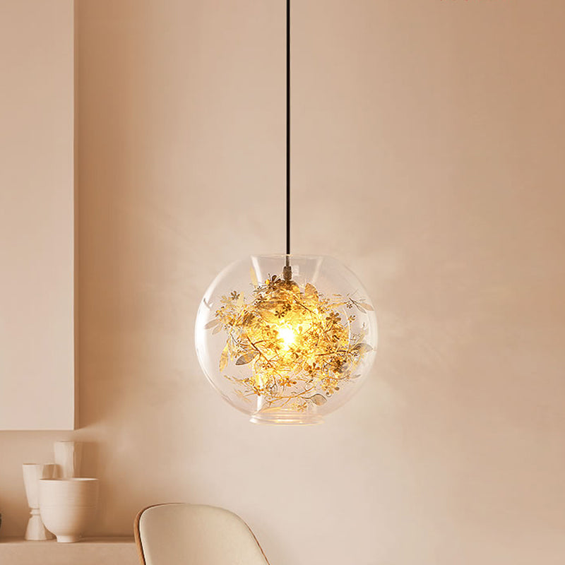 Modern Clear Glass Sphere Pendant: Gold Suspension Lamp With Shattered Leaves Detail