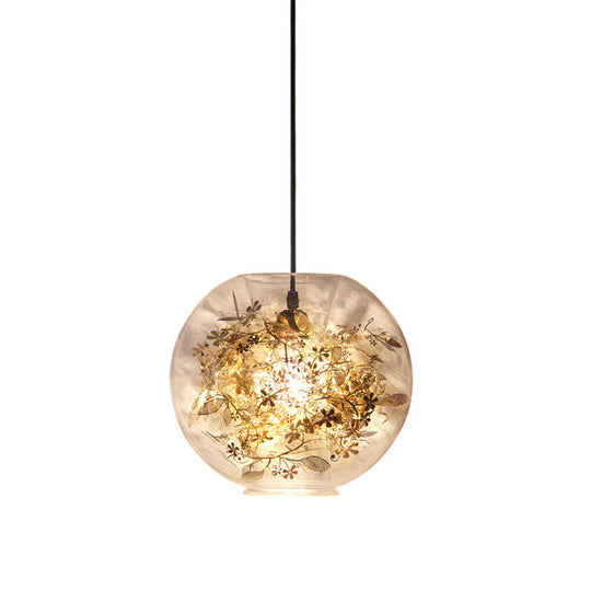 Modern Clear Glass Sphere Pendant: Gold Suspension Lamp With Shattered Leaves Detail