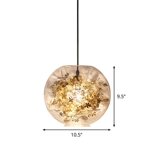 Modern Gold Sphere Pendant Light with Clear Glass and Shattered Leaves Detail
