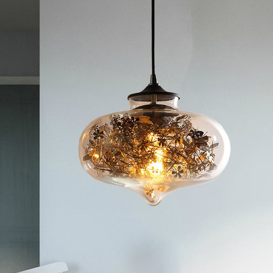 Modern Black Glass Oval Hanging Light With Shattered Leaf Deco - 1-Light Ceiling Lamp