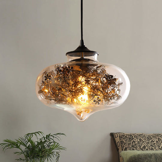 Modern Black Glass Oval Hanging Ceiling Lamp with Shattered Leaf Deco
