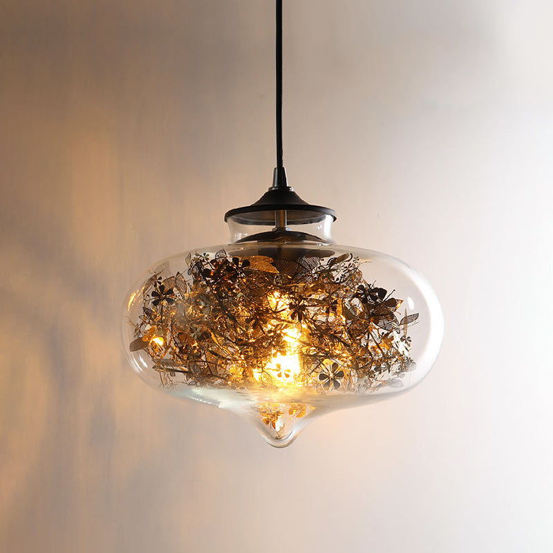 Modern Black Glass Oval Hanging Light With Shattered Leaf Deco - 1-Light Ceiling Lamp