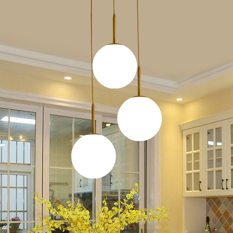 Modern Glass Orb Ceiling Light with 3 Brass Lights - White Pendant Lamp