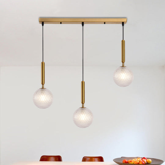 Modern Modo 3-Head Pendant Lamp with Clear Lattice Glass - Dining Room Cluster Light in Brass, 6"/8" Wide