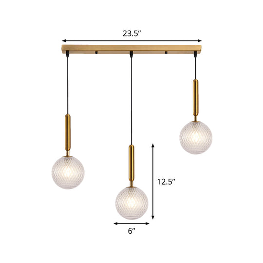 Modo Clear Lattice Glass Pendant Lamp In Brass - Modern 3-Head Dining Room Cluster Light 6/8 Wide