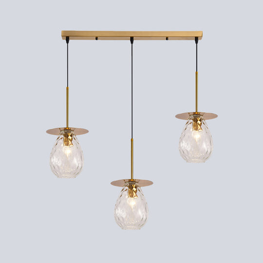 Modern Modo 3-Head Pendant Lamp with Clear Lattice Glass - Dining Room Cluster Light in Brass, 6"/8" Wide